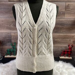 Crocheted Vintage Ladies Button Sweater Vest Handmade, Size Small, Off White